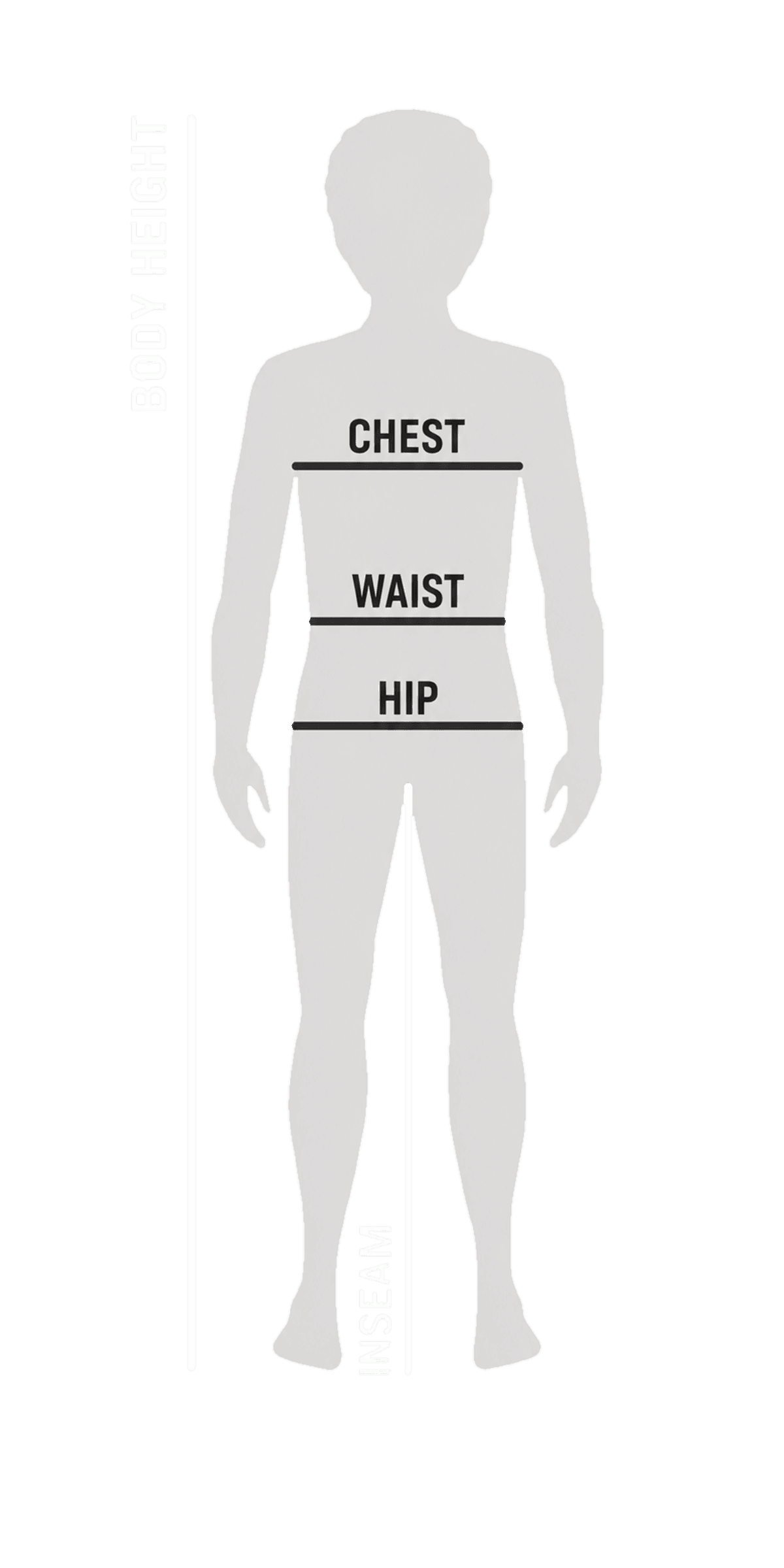 Child body measurement diagram showing body height, chest, waist, hip and inseam positions