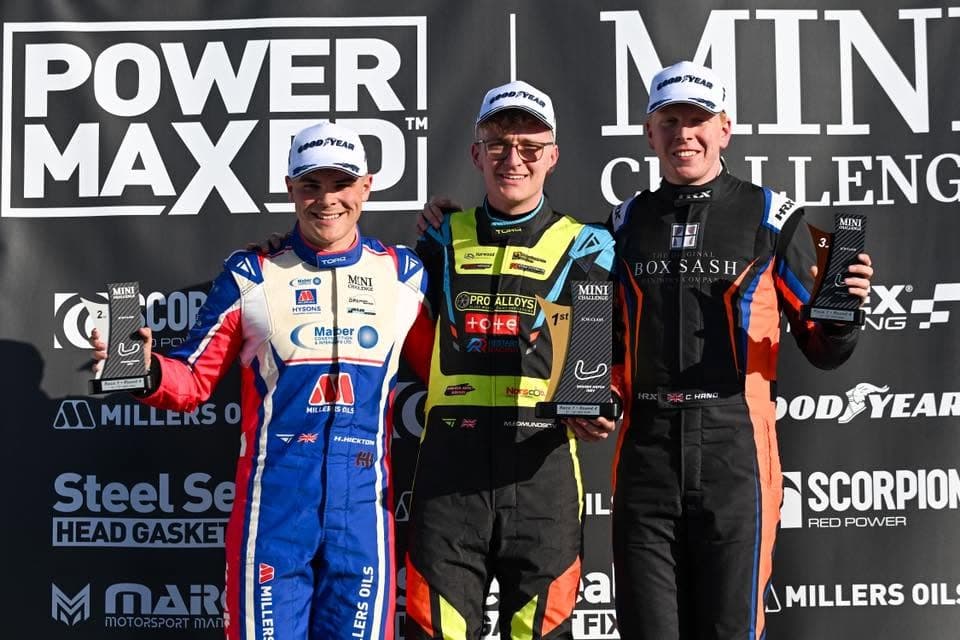 Three drivers on the podium, Max Edmundson taking the top step in his Torq Racecraft.