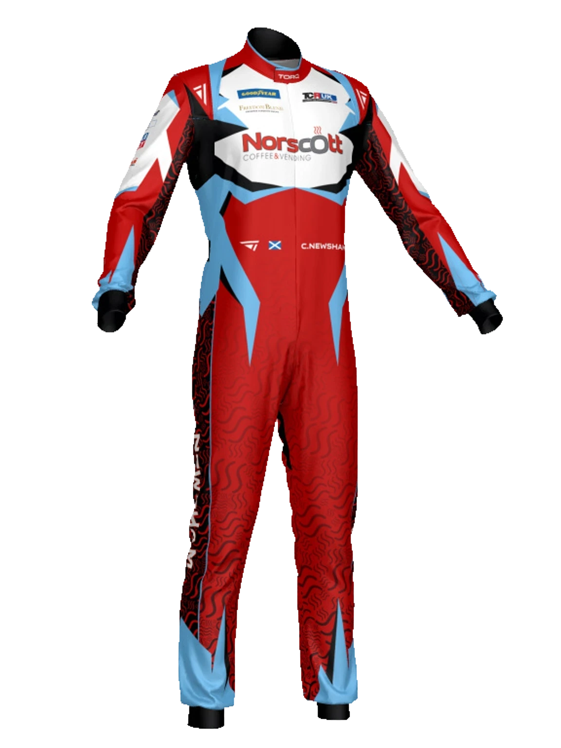 A bespoke Torq Racecraft race suit shown in an interactive rotation.